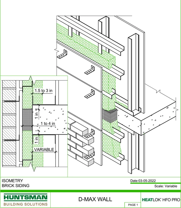 Huntsman D-Max Wall detail, isometric and section, with brick siding: steel studs, horizontal Z-bars on their outside face, sheathing over the Z-bars, closed-cell foam filling the space behind the sheathing and the stud cavity, mineral wool at the slab edge, brick ties fastened through the sheathing