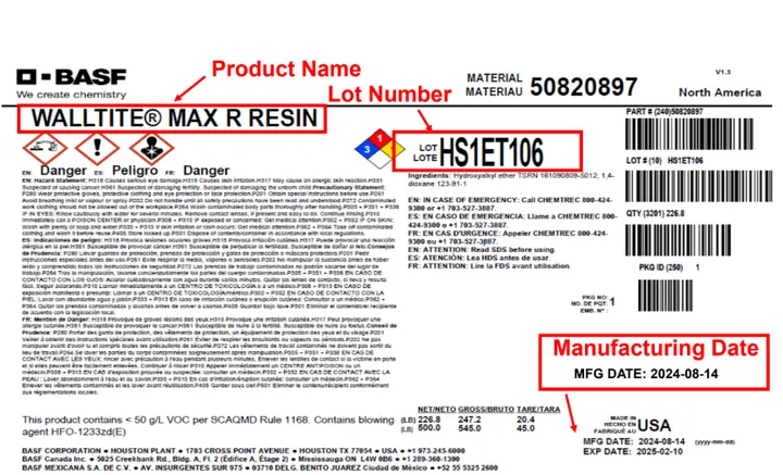 Annotated closed-cell resin drum label showing the product name, lot number and manufacturing date