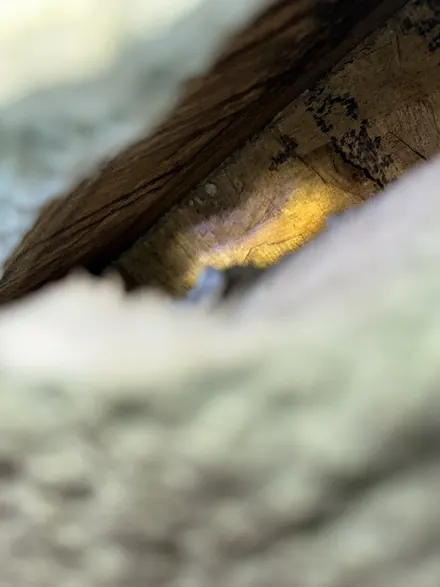 Gap between closed-cell spray foam and roof framing, with yellow-brown discoloration on the exposed wood