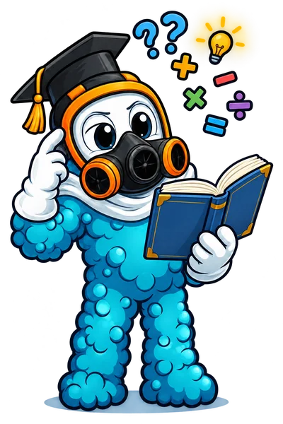 Foamy, the FoamGuard mascot, in a graduation cap reading a book, thinking it over